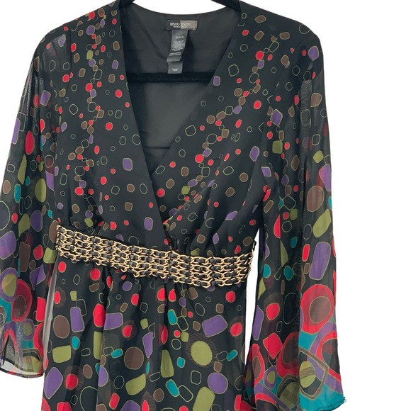 Bisou Bisou Michele Bohbot 3/4 Bell Sleeve Tunic/Top Black Multi Geometric XS - Picture 2 of 9